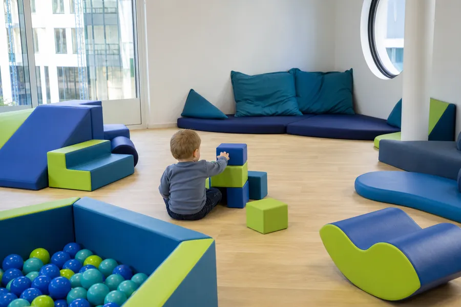 Sala de primera infancia con módulos blandos y pileta de pelotas